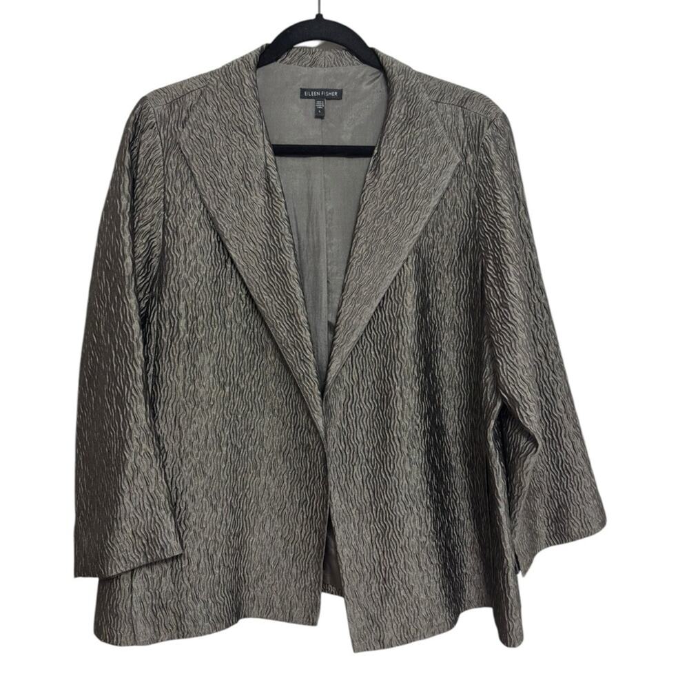 Eileen Fisher Textured Silk Formal Blazer in Gunmetal Metallic - Size L